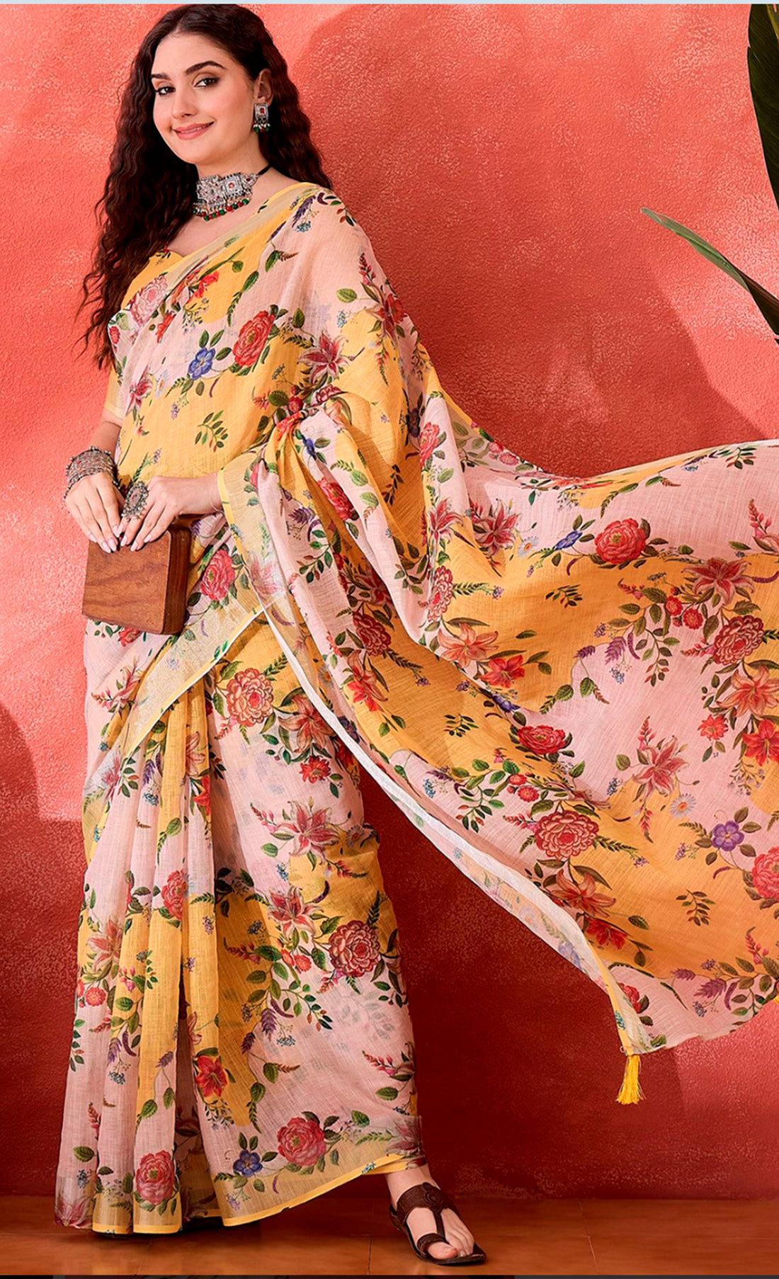 Mustard Floral Linen Cotton Saree with Unstitched Blouse for Women