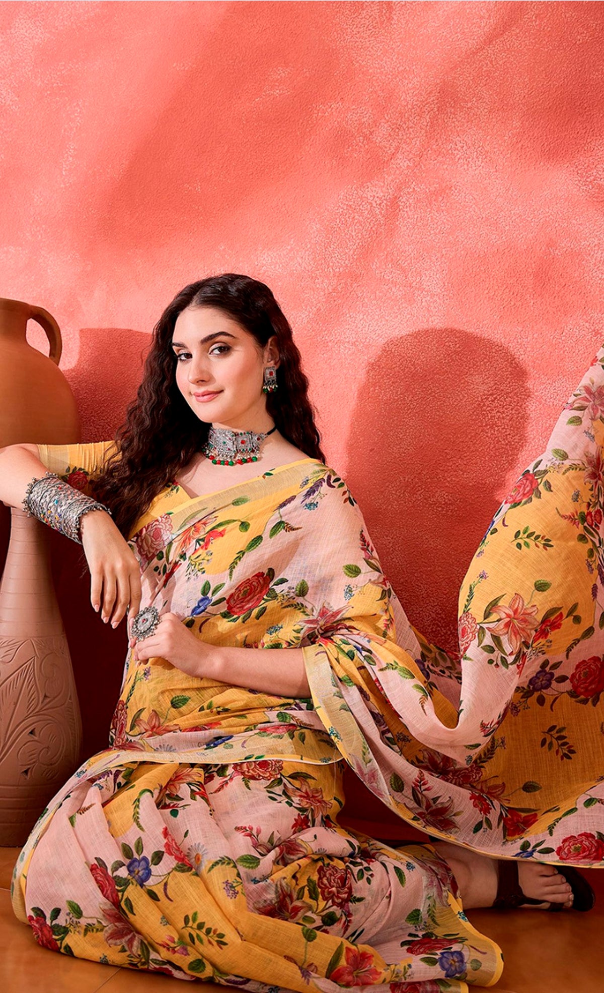 Mustard Floral Linen Cotton Saree with Unstitched Blouse for Women