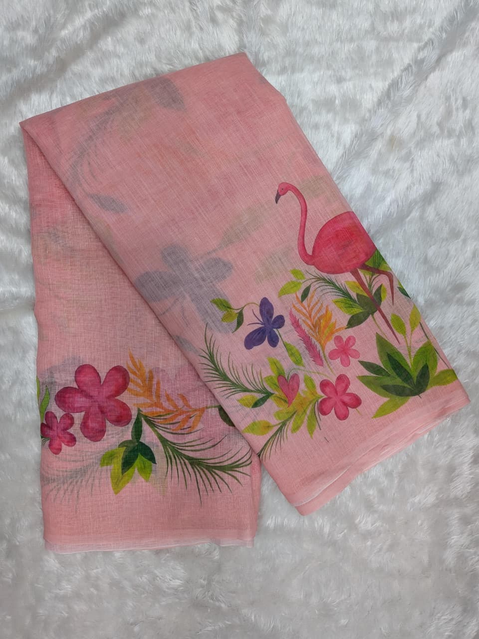 Blush Pink Flamingo Floral Print Linen Cotton Saree for Women