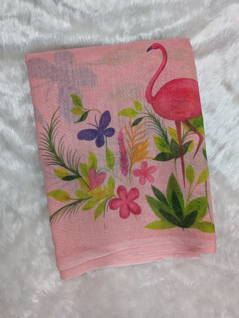 Blush Pink Flamingo Floral Print Linen Cotton Saree for Women