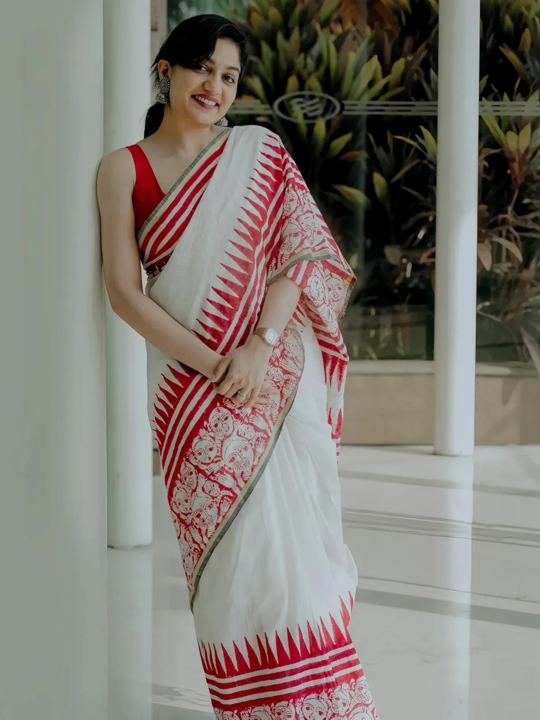 Ivory Red Folk Art Print Linen Cotton Saree for Women