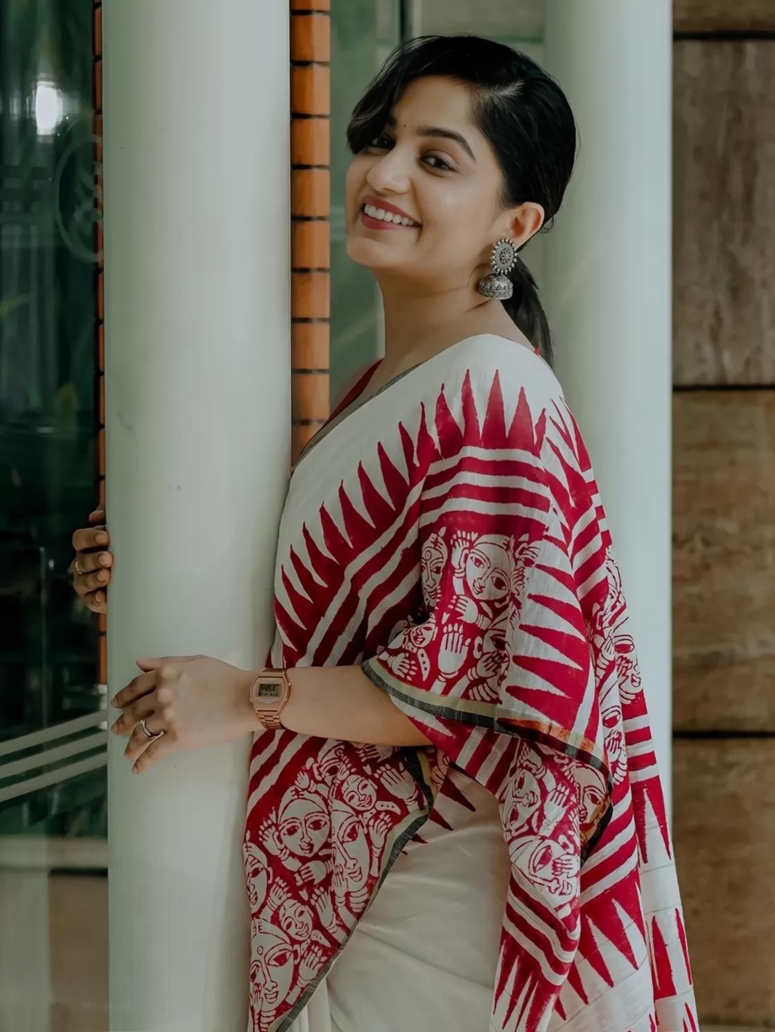 Ivory Red Folk Art Print Linen Cotton Saree for Women