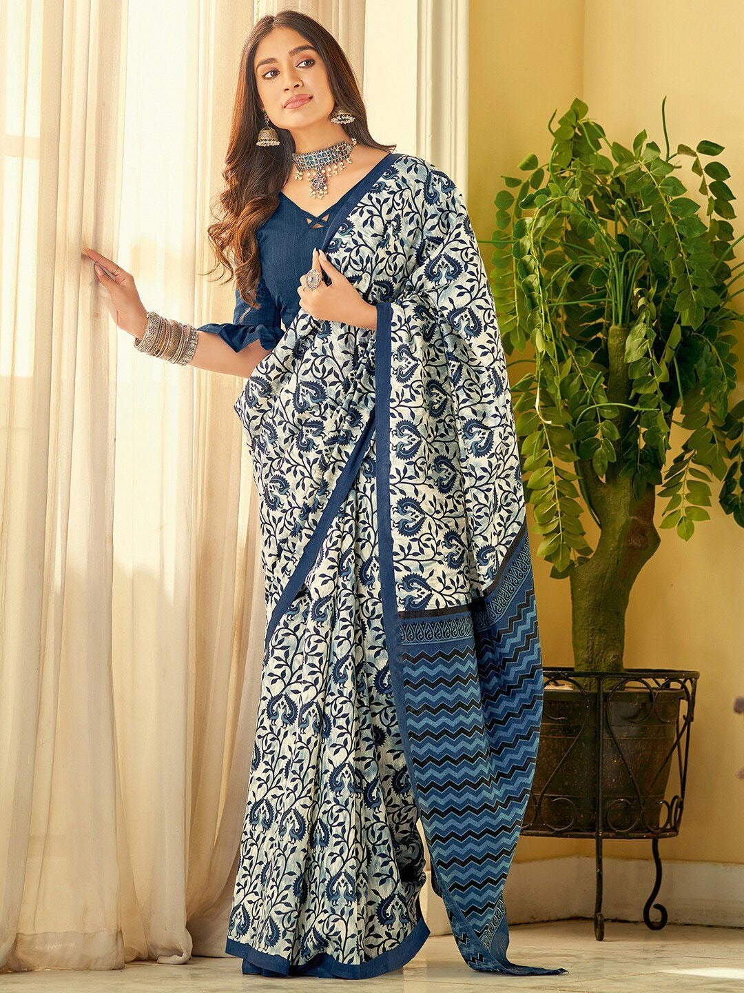 Ivory Indigo Floral Linen Cotton Saree with Chevron Pallu for Women