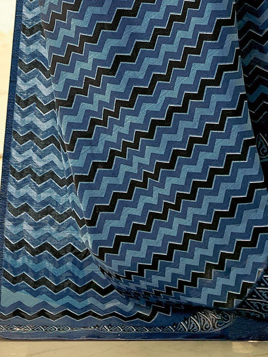 Ivory Indigo Floral Linen Cotton Saree with Chevron Pallu for Women