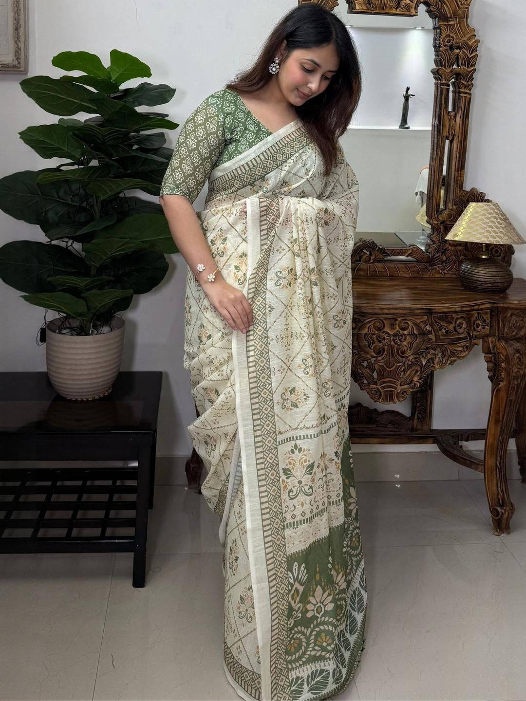 Ivory Olive Floral Linen Cotton Saree with Tasselled Pallu for Women