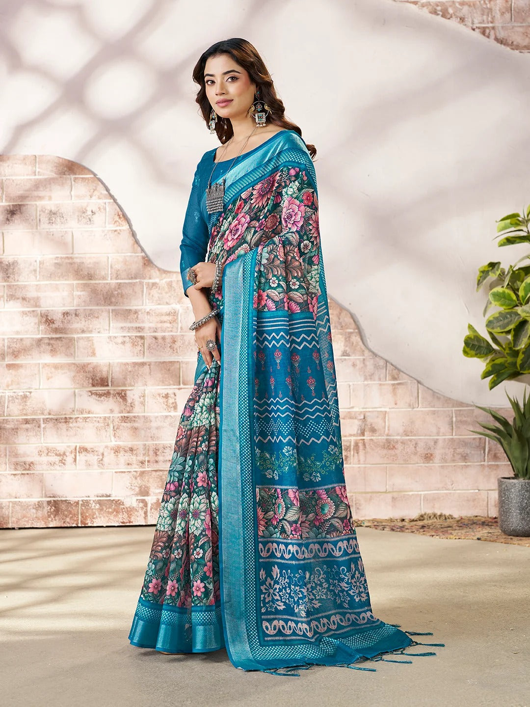Blue Linen Cotton Floral Printed Saree With Contrast Border for Women