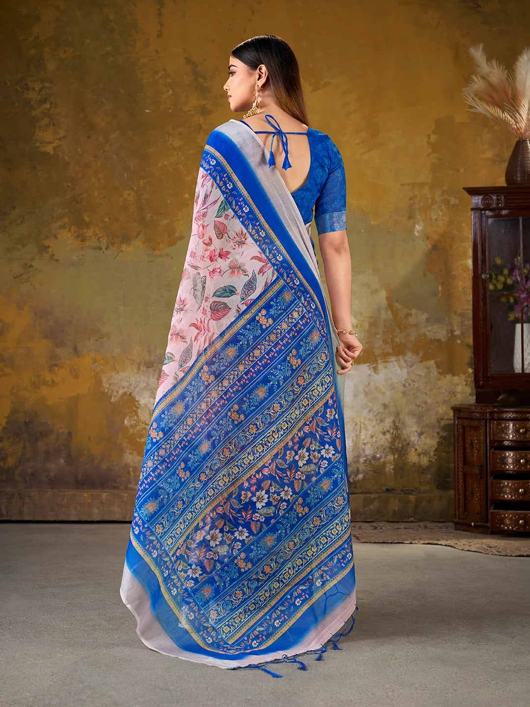 Pink Floral Printed Linen Cotton Saree With Blue Border for Women