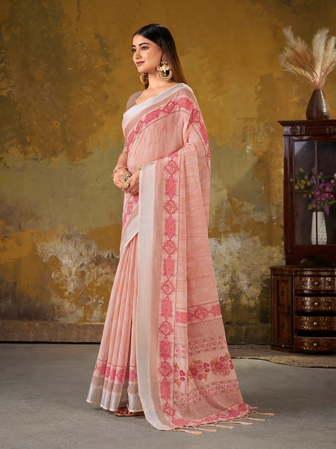 Peach Linen Cotton Floral Saree with Border Tassels for Women