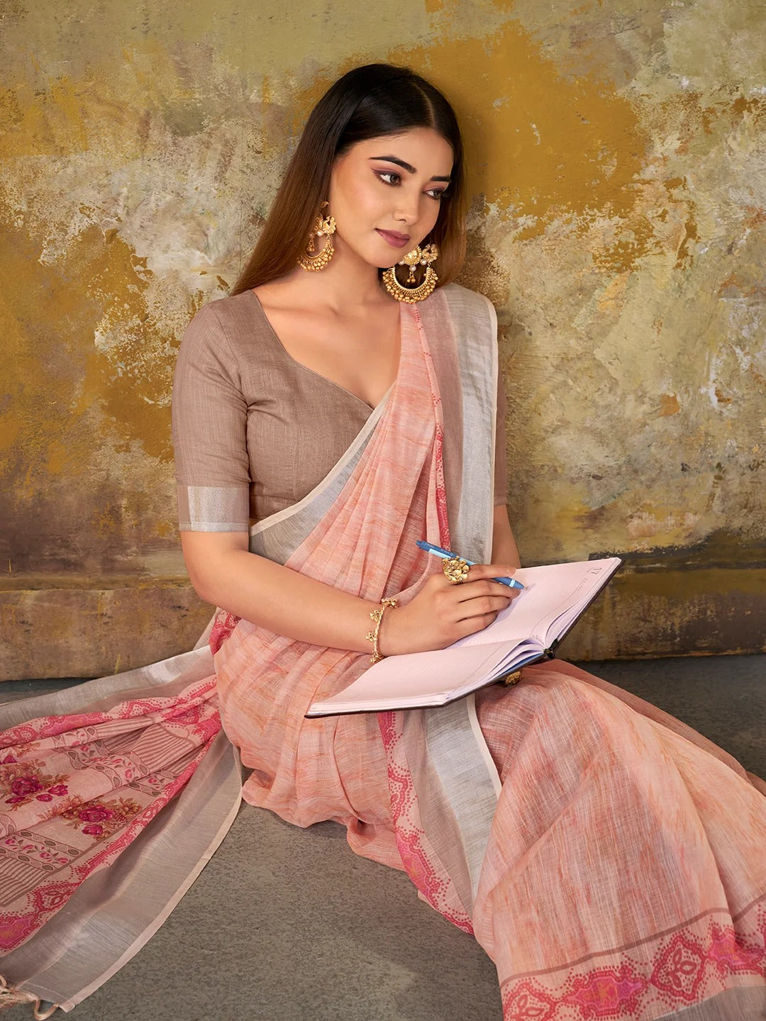 Peach Linen Cotton Floral Saree with Border Tassels for Women