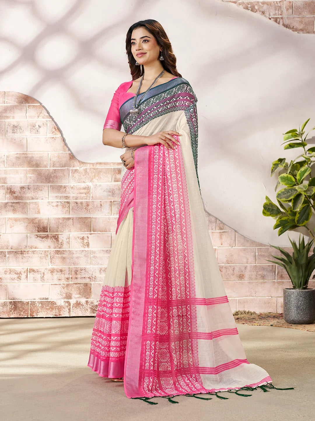 Cream Linen Cotton Printed Saree with Pink Border for Women