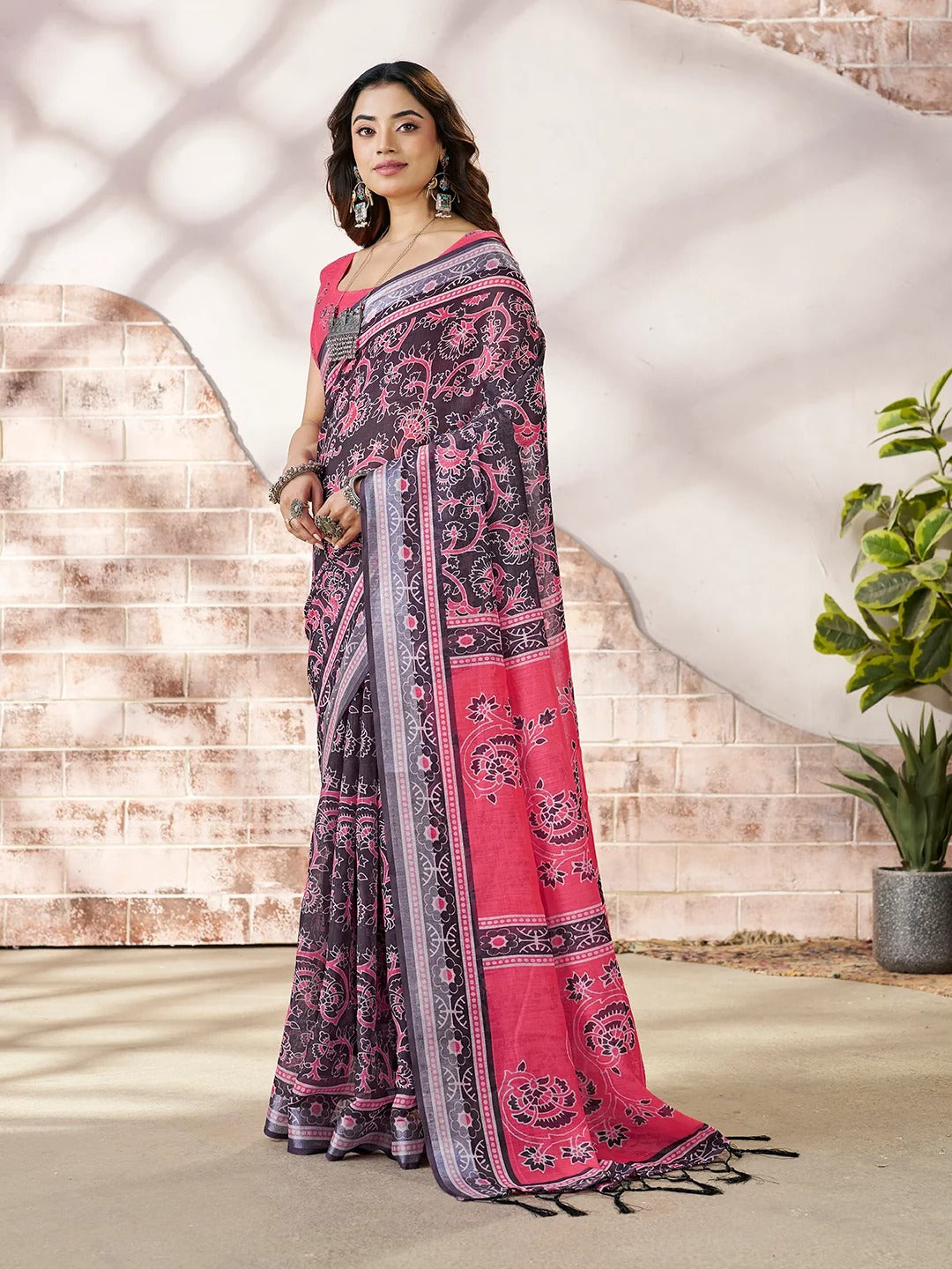 Pink Floral Linen Cotton Saree with Contrast Border for Women