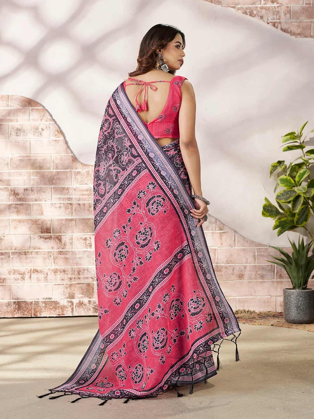 Pink Floral Linen Cotton Saree with Contrast Border for Women