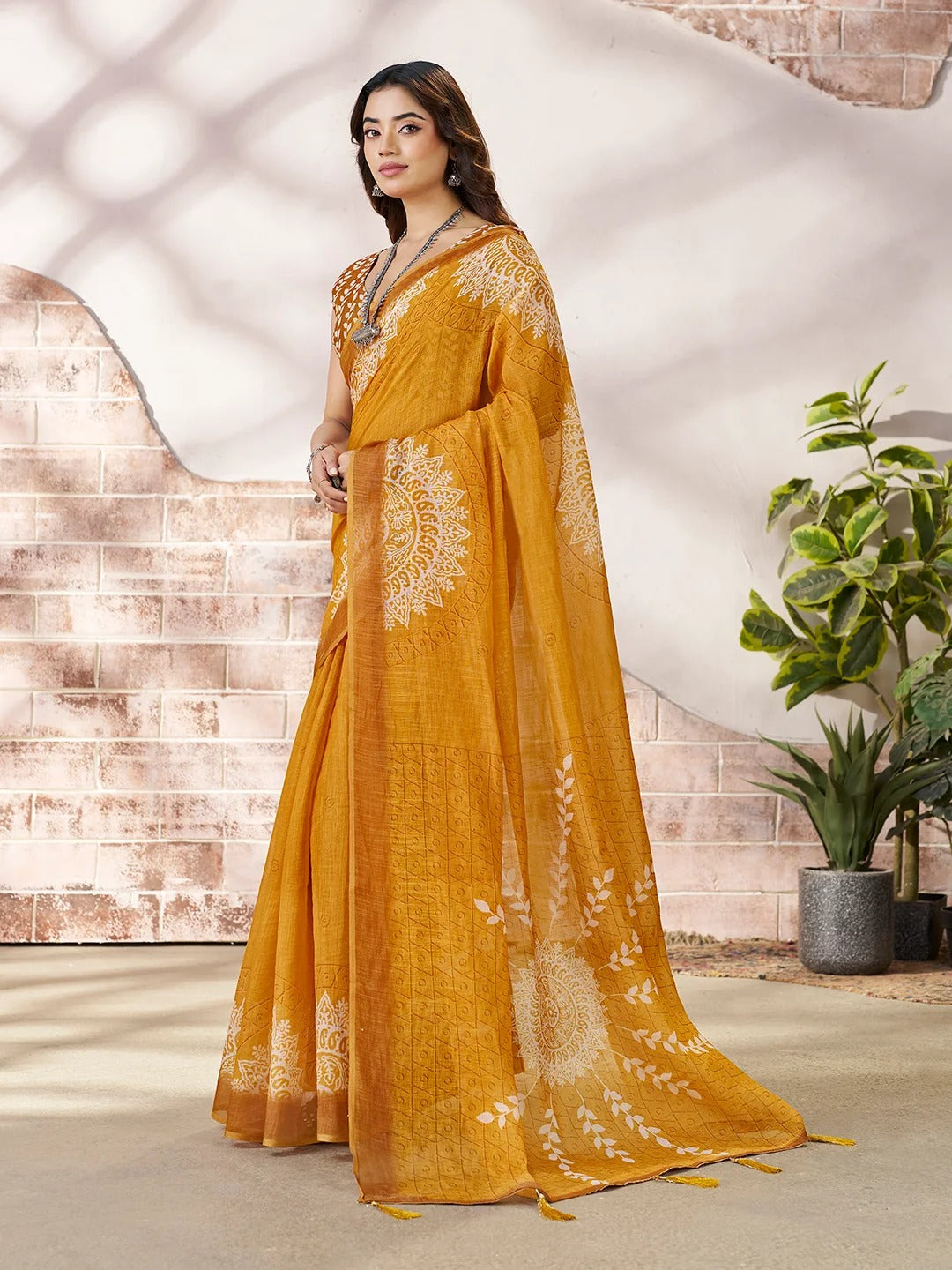 Mustard Linen Cotton Floral Printed Saree for Women