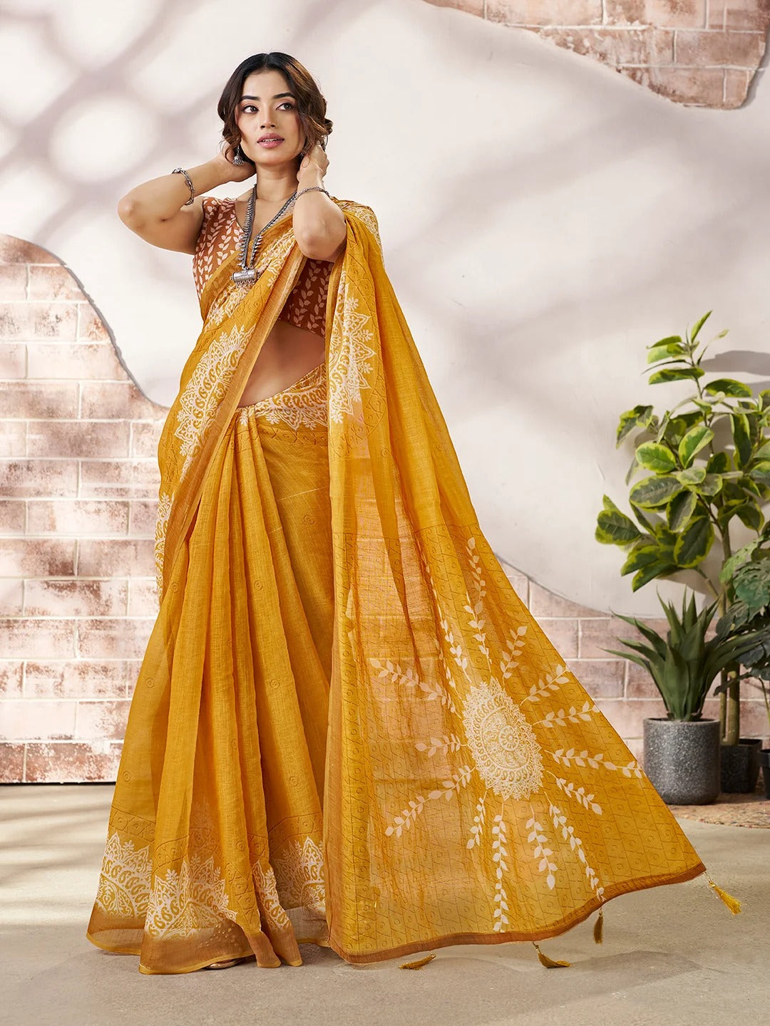 Mustard Linen Cotton Floral Printed Saree for Women