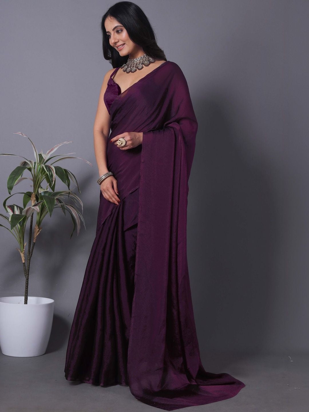 Wine Fandy Solid Saree With Blouse by for Women
