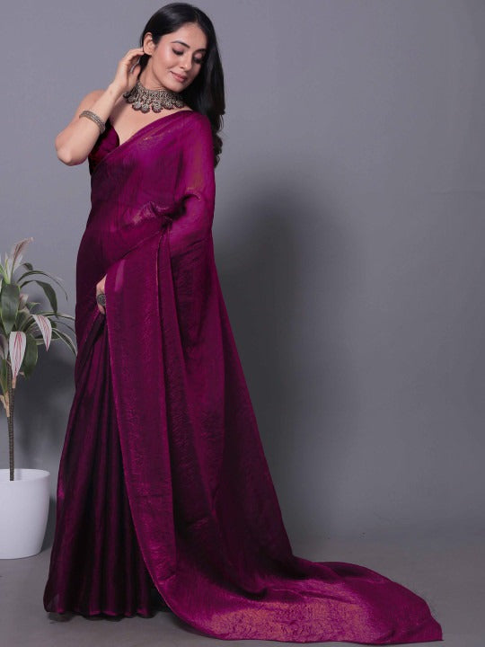 Magenta Fandy Solid Shimmer Saree With Blouse for Women