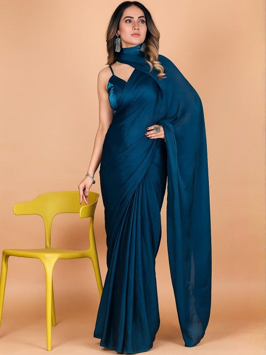 Teal Fandy Solid Saree With Blouse by for Women