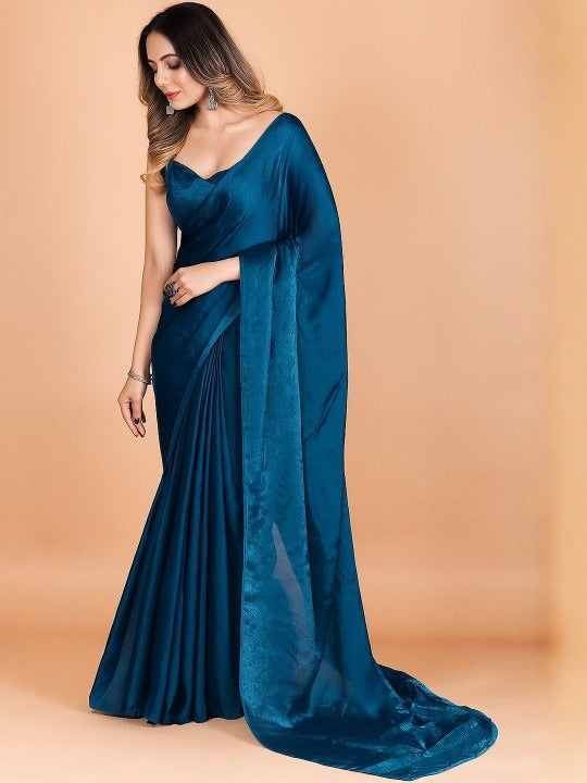 Teal Fandy Solid Saree With Blouse by for Women