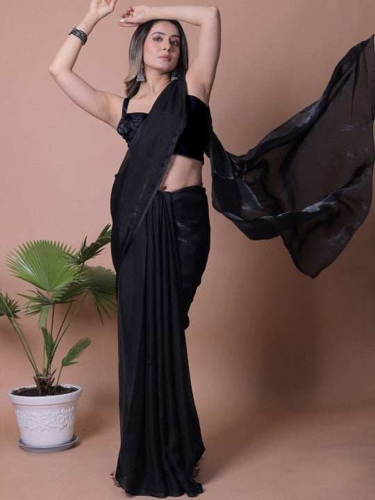 Black Fandy Solid Saree With Blouse for Women
