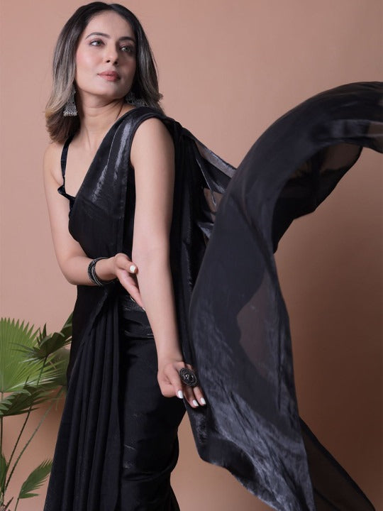 Black Fandy Solid Saree With Blouse for Women