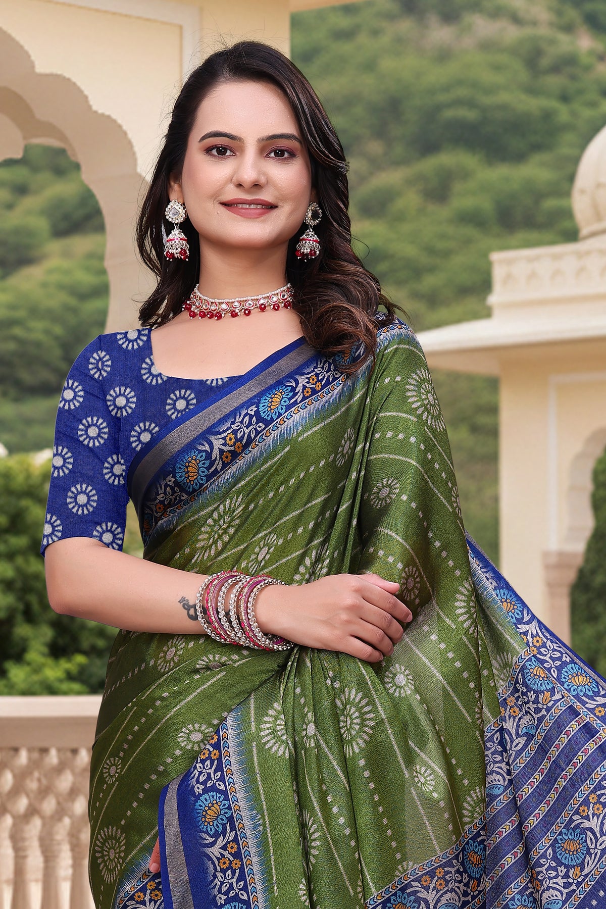 Green Mal Cotton Printed Saree for Women