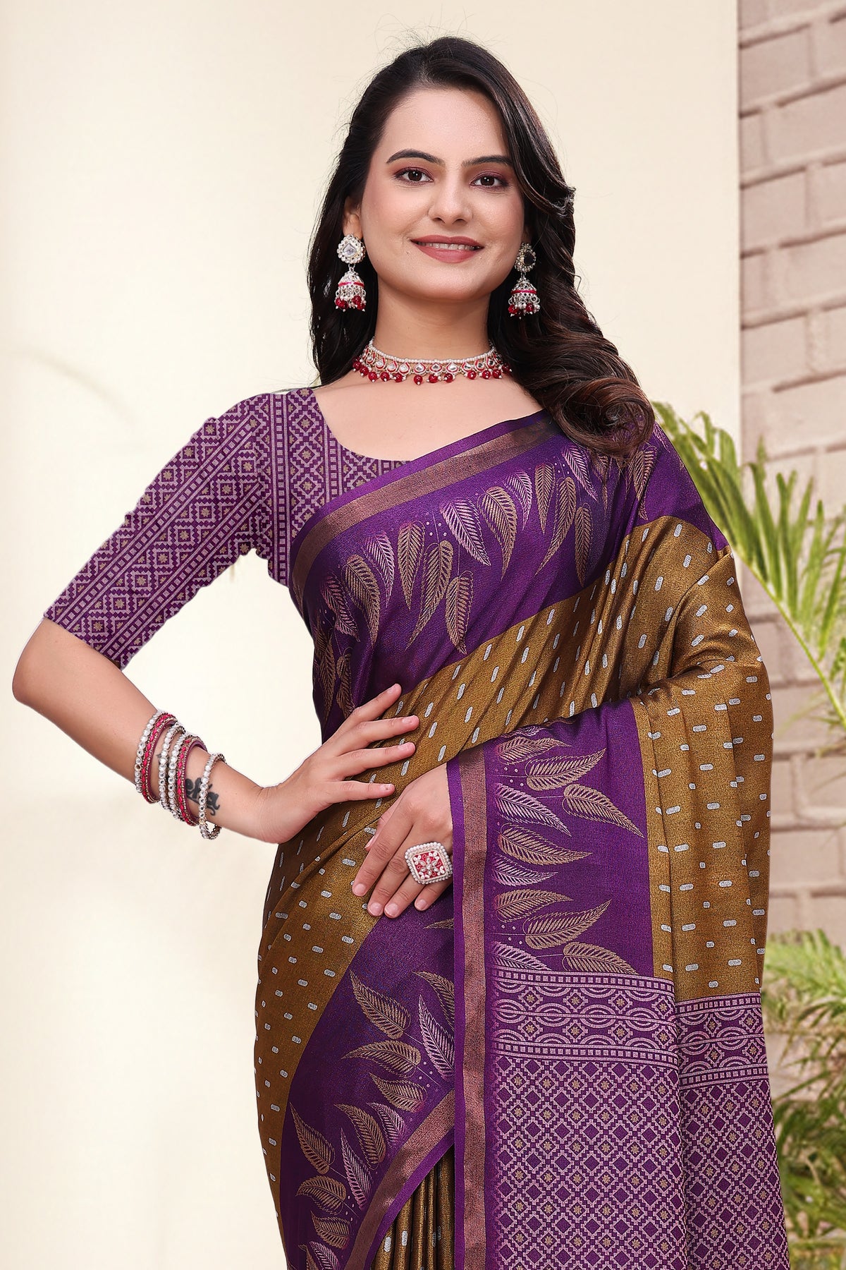 Purple Mal Cotton Printed Saree & Blouse Set for Women