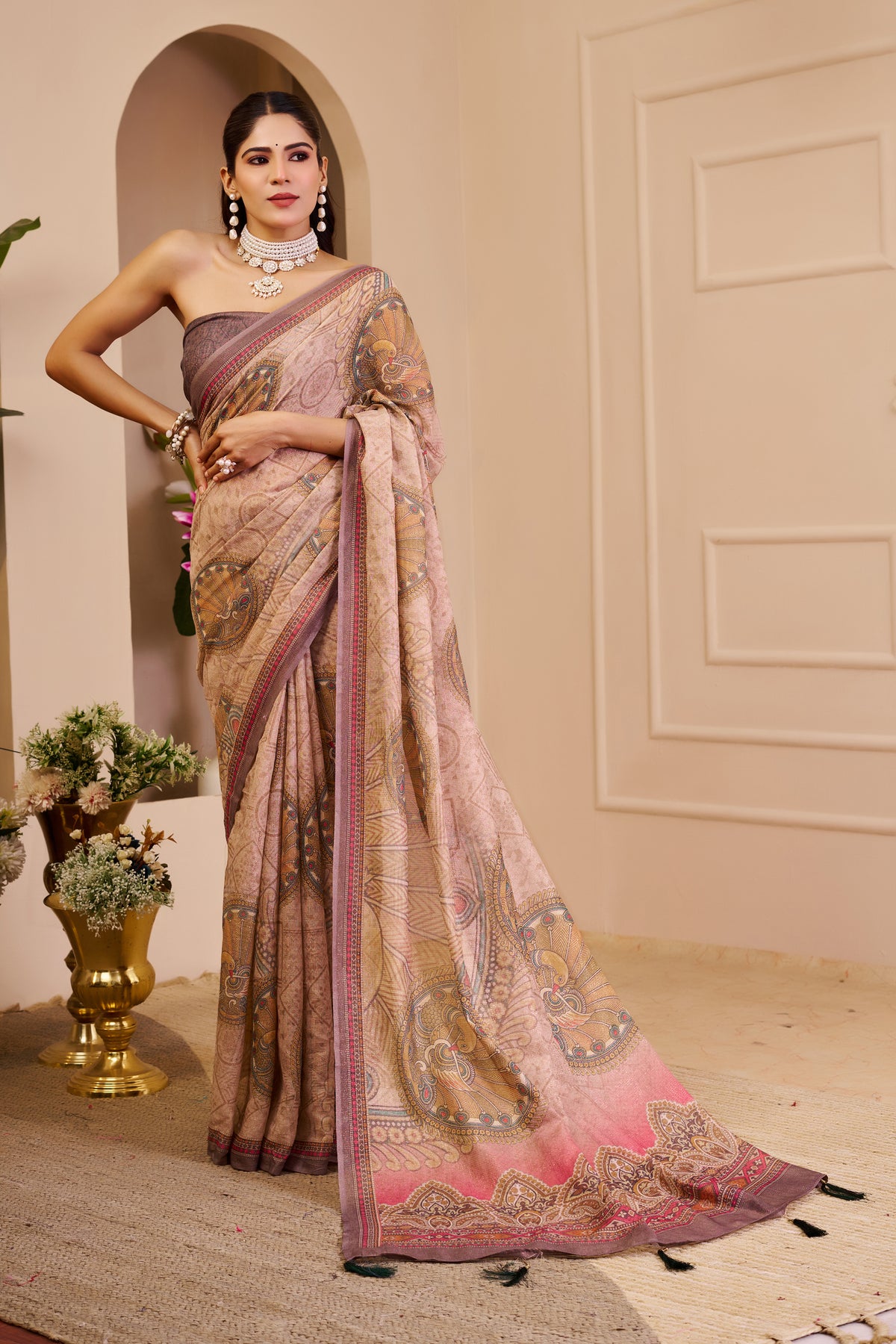 Pink Tissue Cotton Saree With Paisley Print for Women