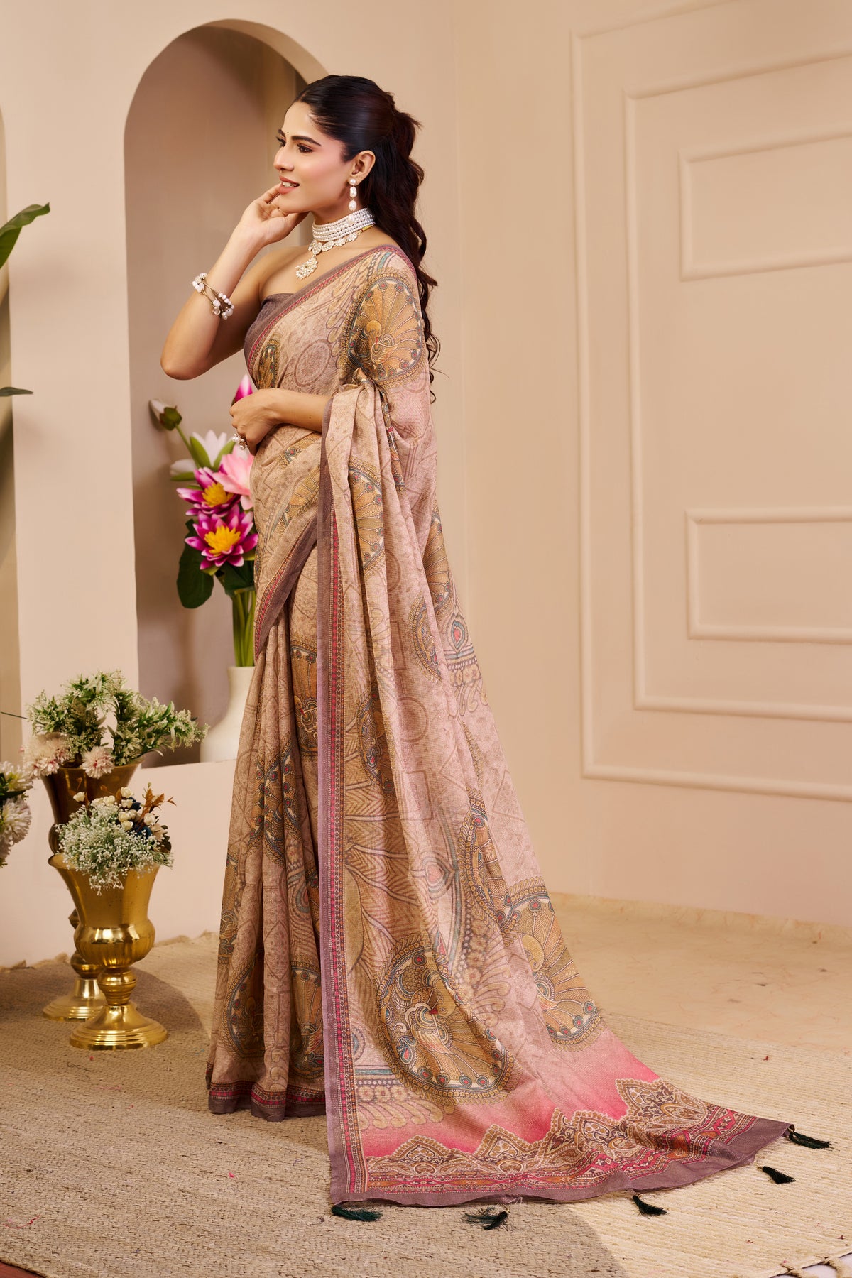 Pink Tissue Cotton Saree With Paisley Print for Women