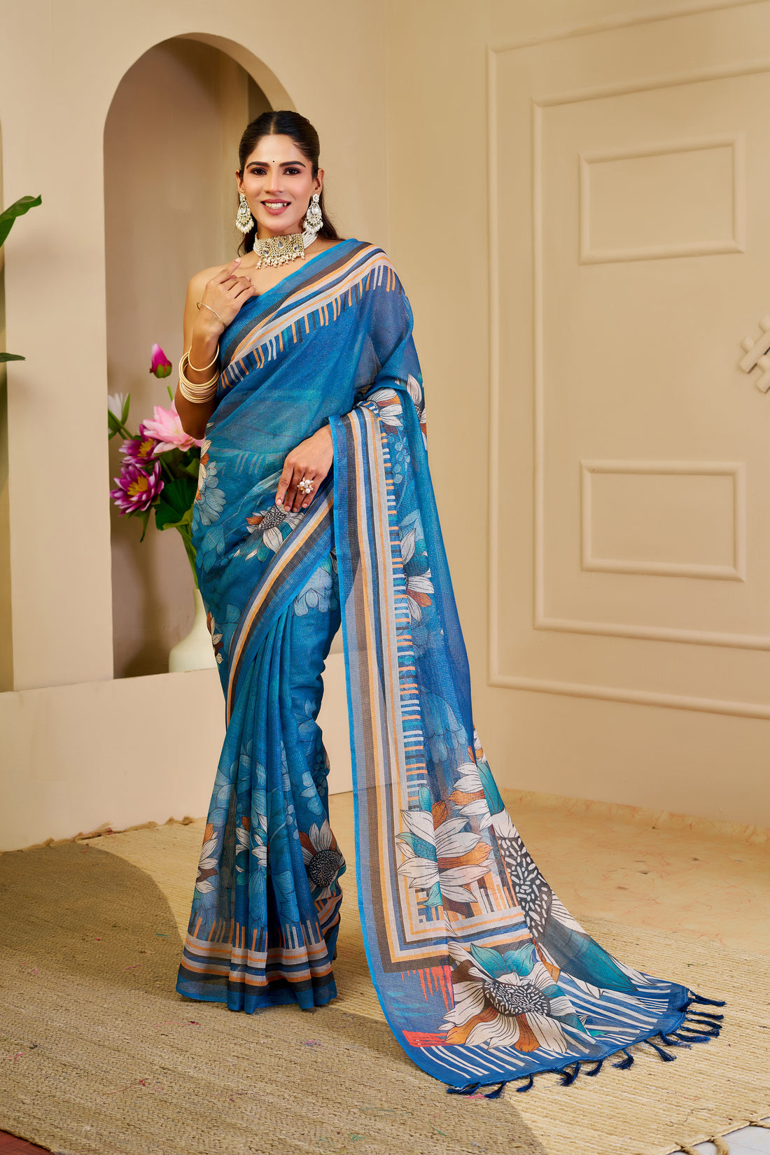 Blue Tissue Handloom Cotton Saree With Floral Print for Women