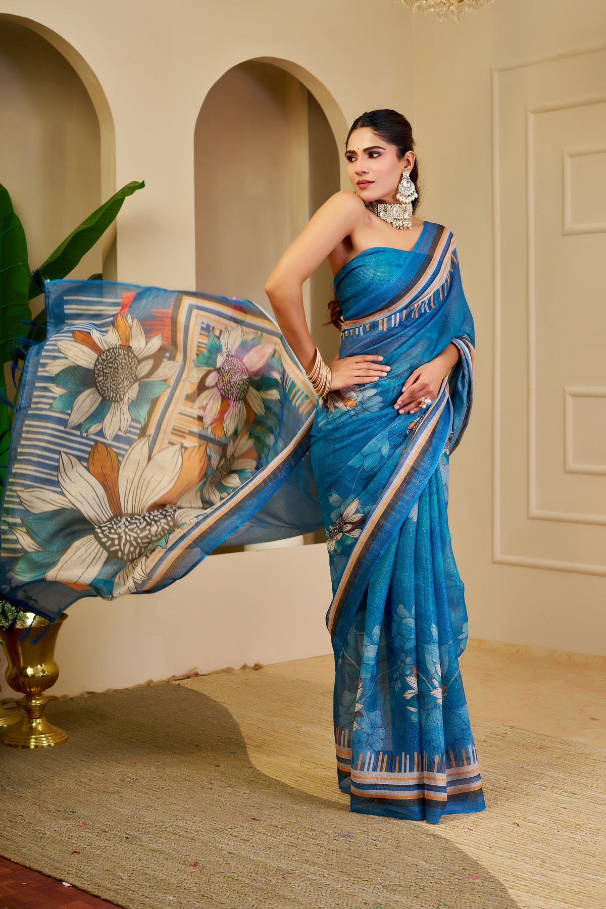 Blue Tissue Handloom Cotton Saree With Floral Print for Women