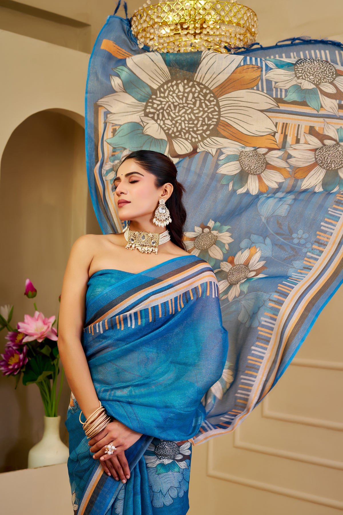 Blue Tissue Handloom Cotton Saree With Floral Print for Women