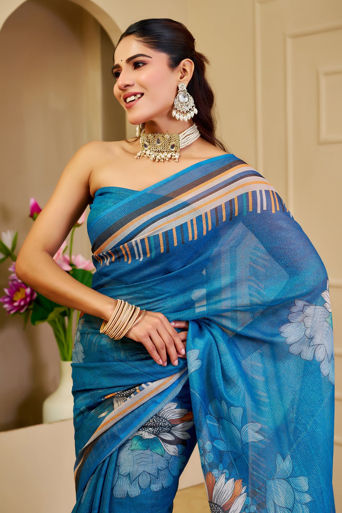 Blue Tissue Handloom Cotton Saree With Floral Print for Women