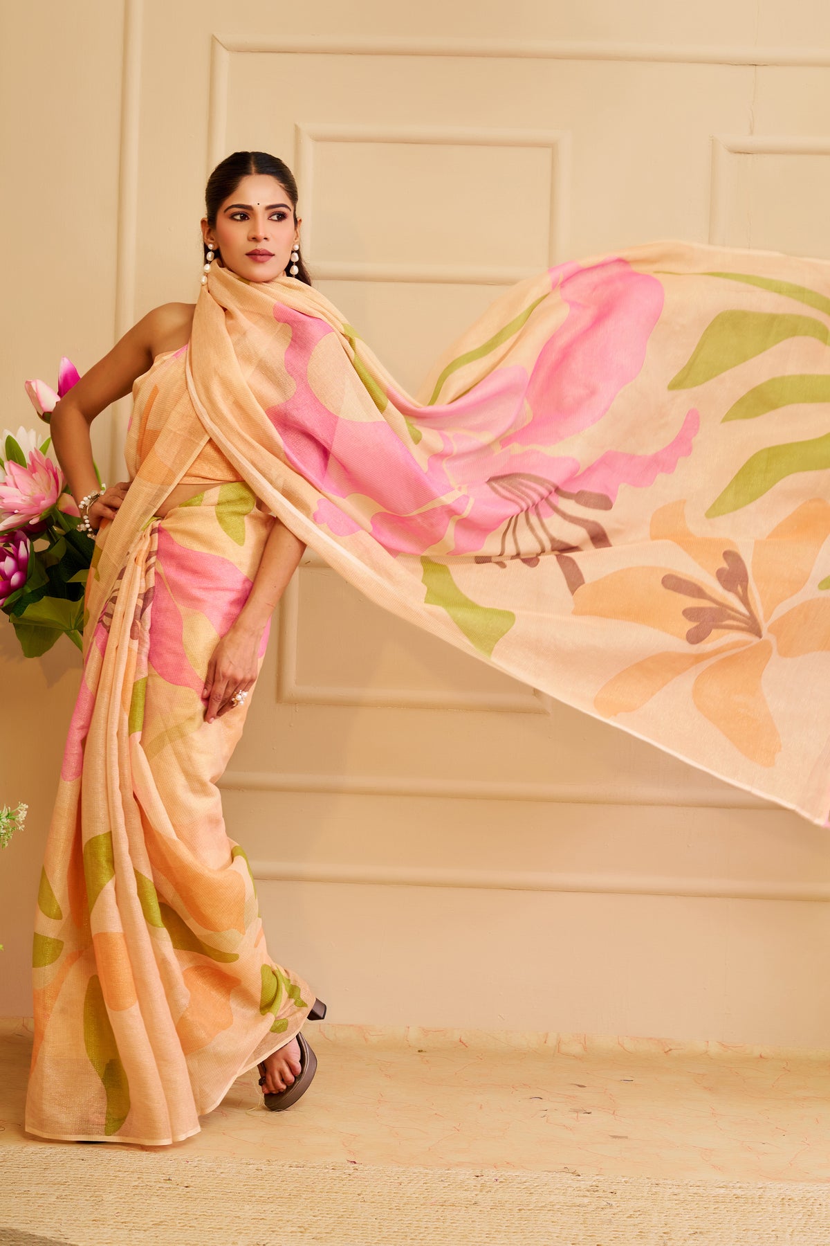 Peach Tissue Cotton Saree With Floral Print for Women