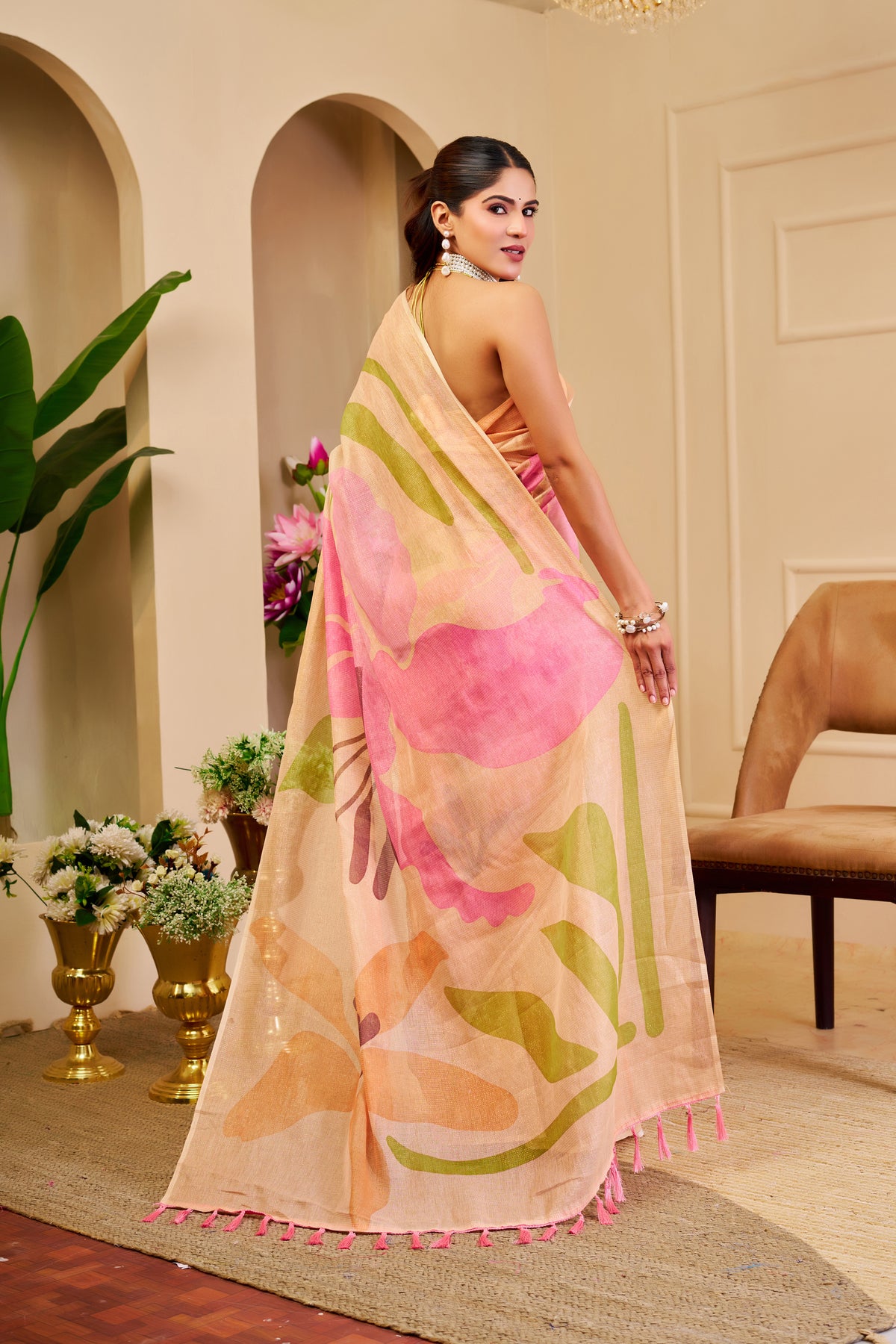 Peach Tissue Cotton Saree With Floral Print for Women