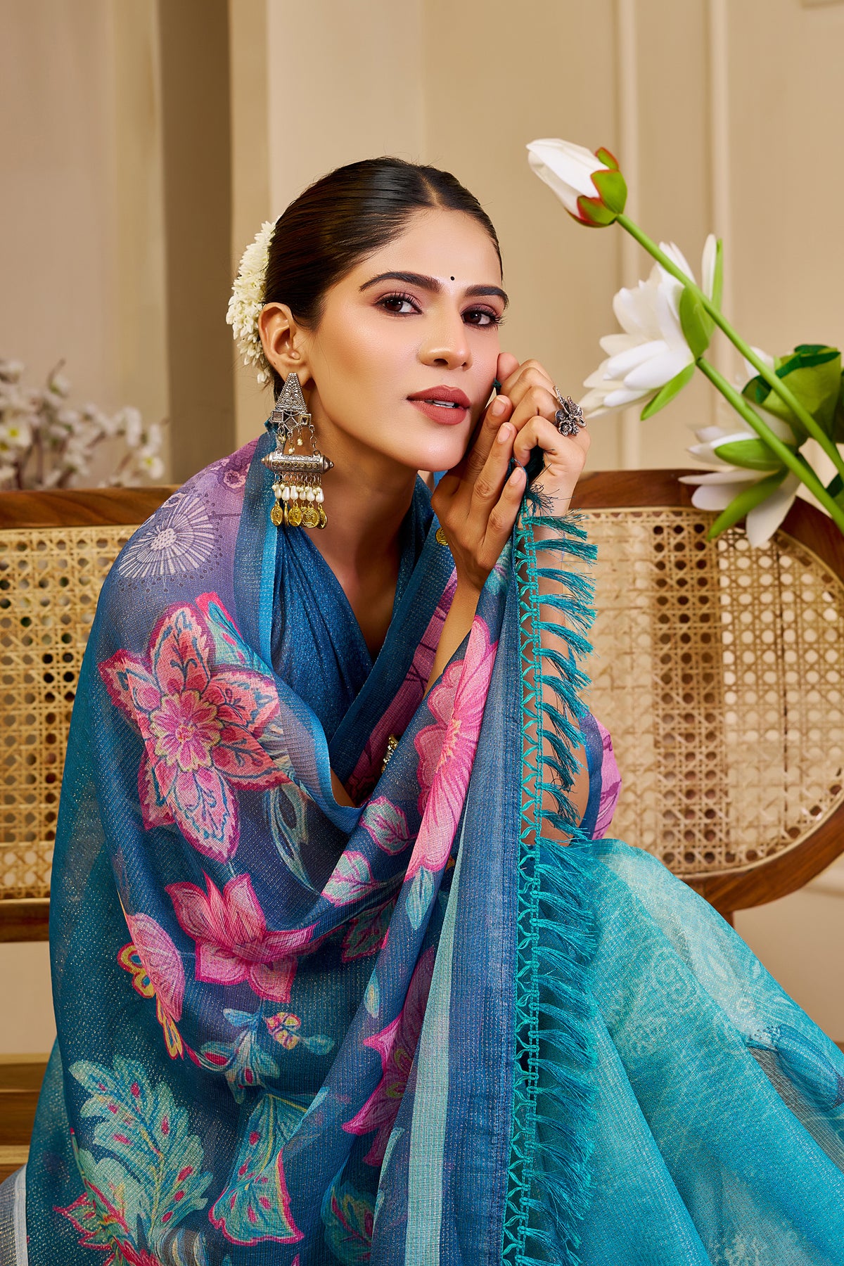 Blue Tissue Cotton Saree With Floral Print for Women