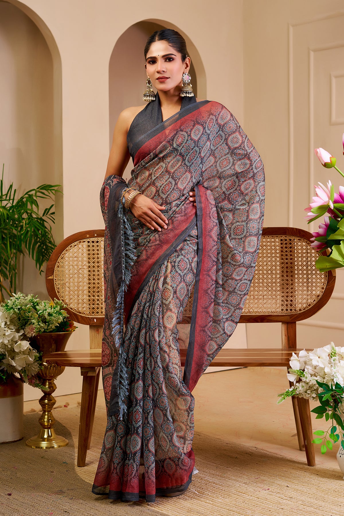 Grey Tissue Handloom Saree With Floral Design for Women