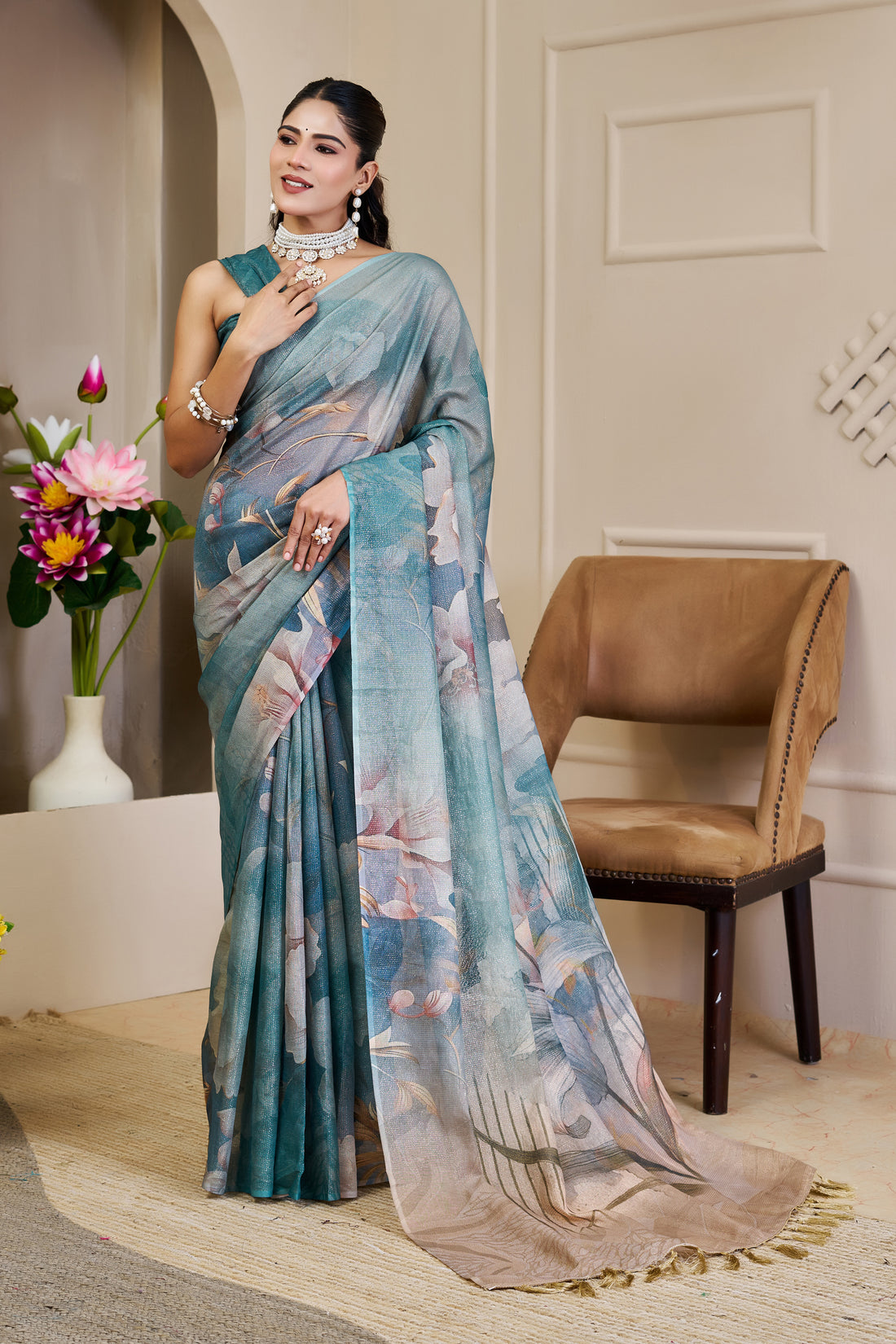 Teal Tissue Cotton Saree With Floral Print - 2 for Women