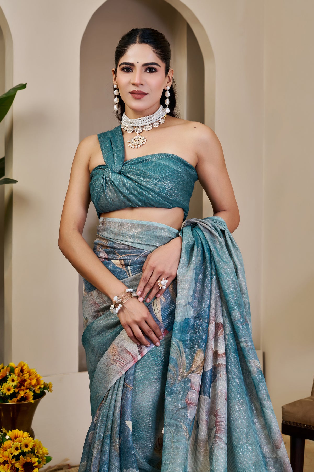 Teal Tissue Cotton Saree With Floral Print - 2 for Women