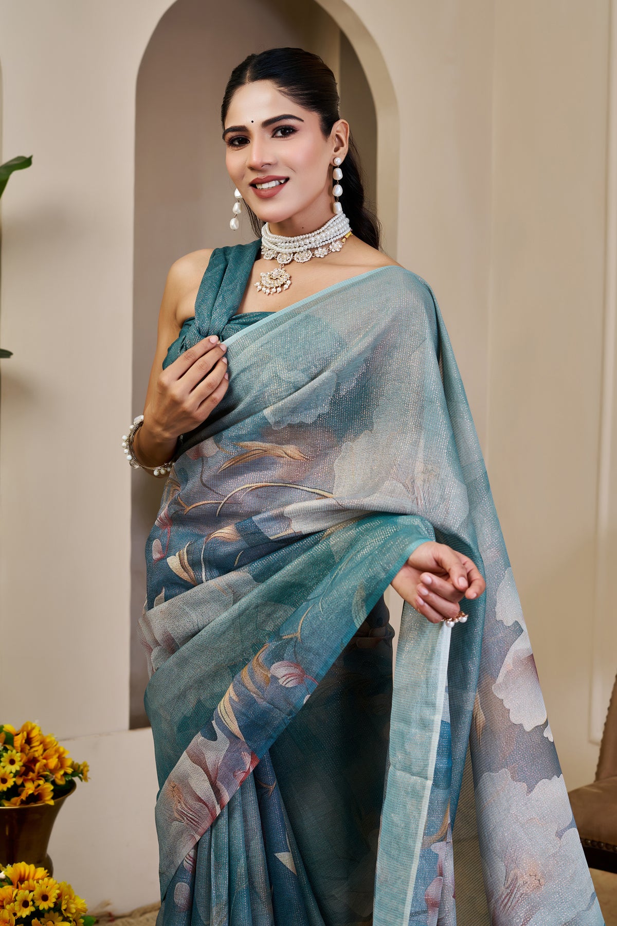 Teal Tissue Cotton Saree With Floral Print - 2 for Women