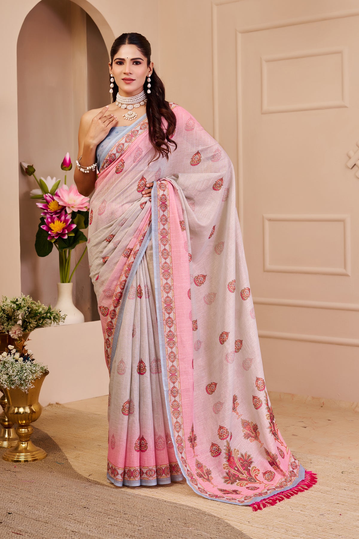 Pink Tissue Cotton Saree With Floral Print for Women