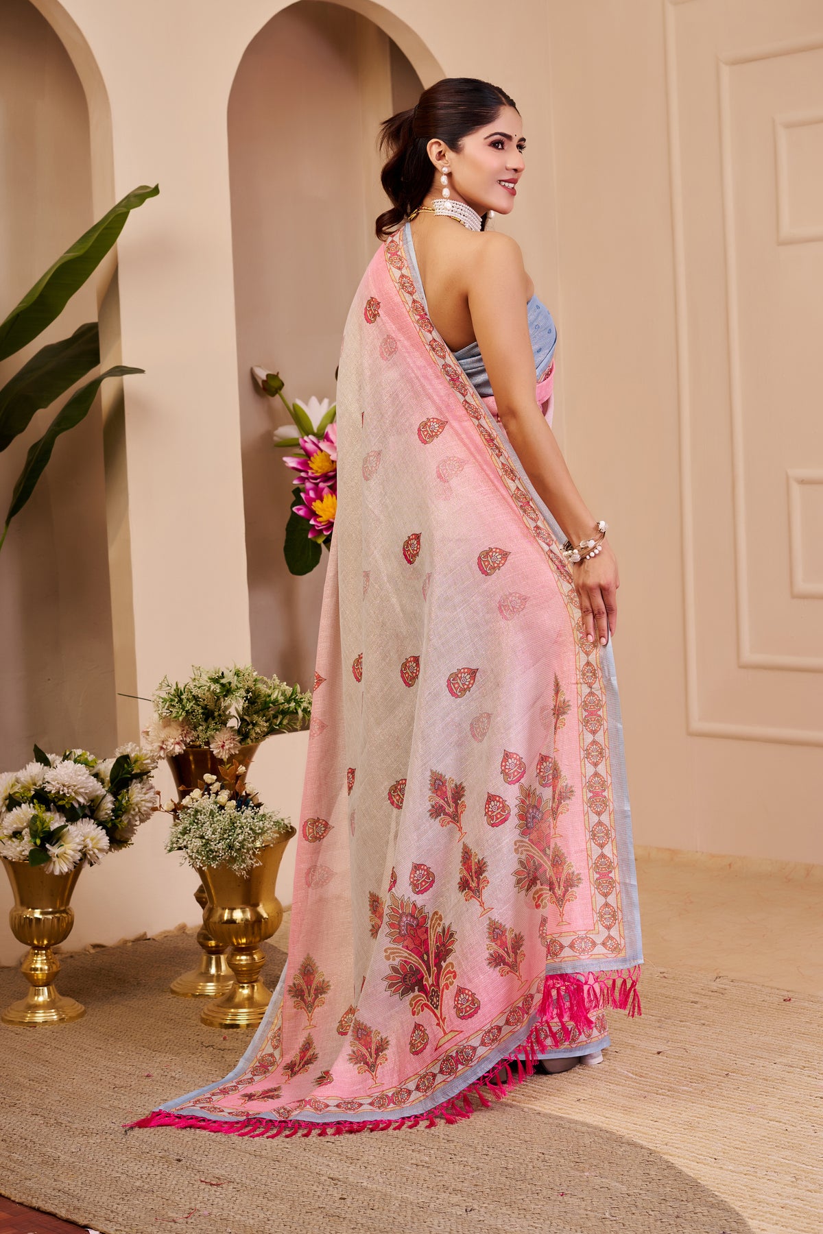 Pink Tissue Cotton Saree With Floral Print for Women