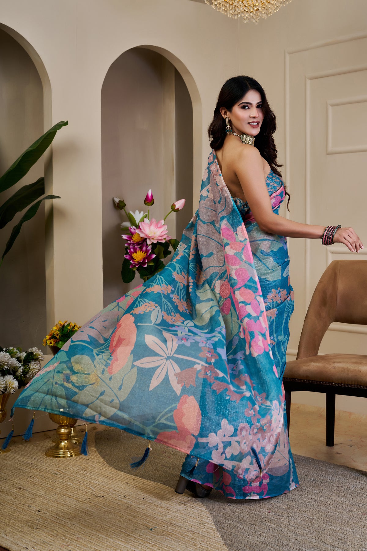 Teal Tissue Cotton Saree With Floral Print for Women