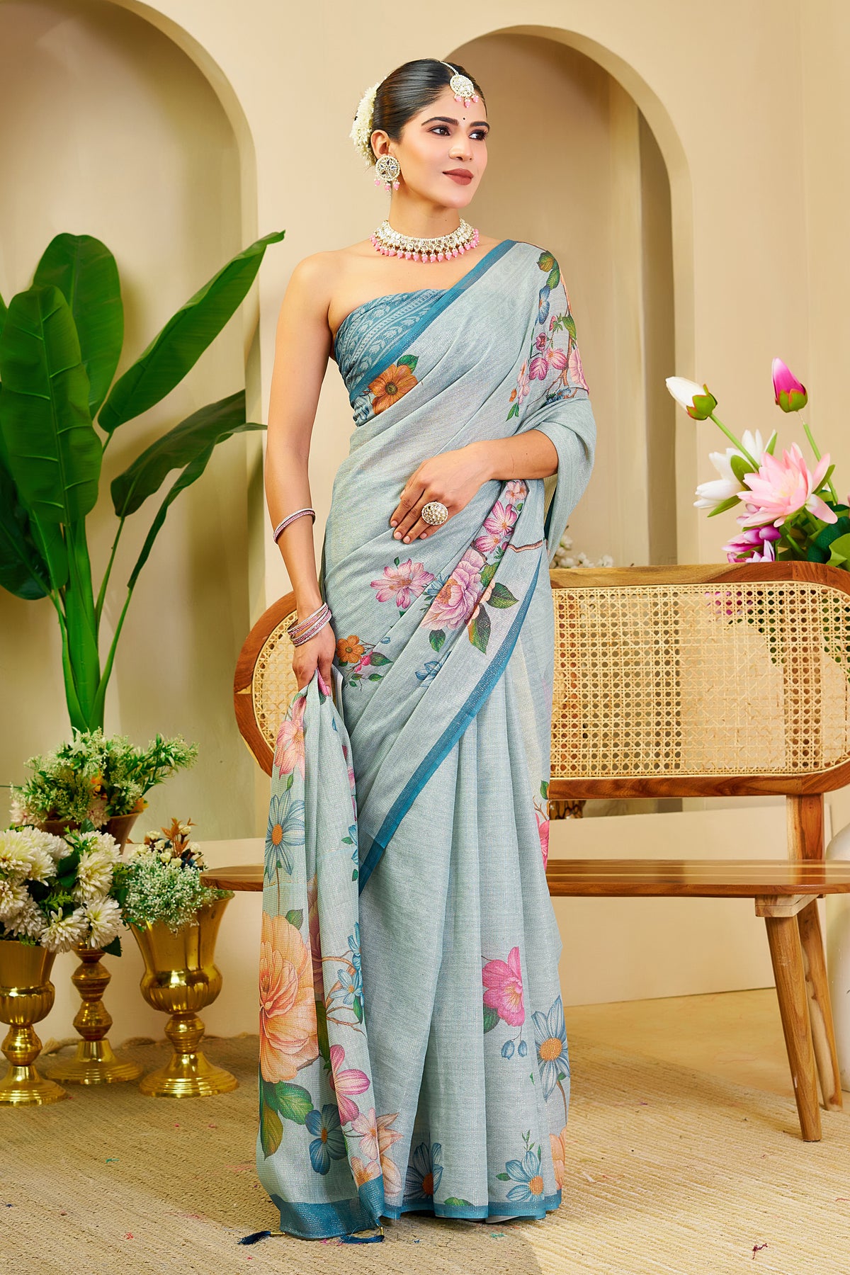 Sky Blue Tissue Saree With Floral Print & Zari for Women