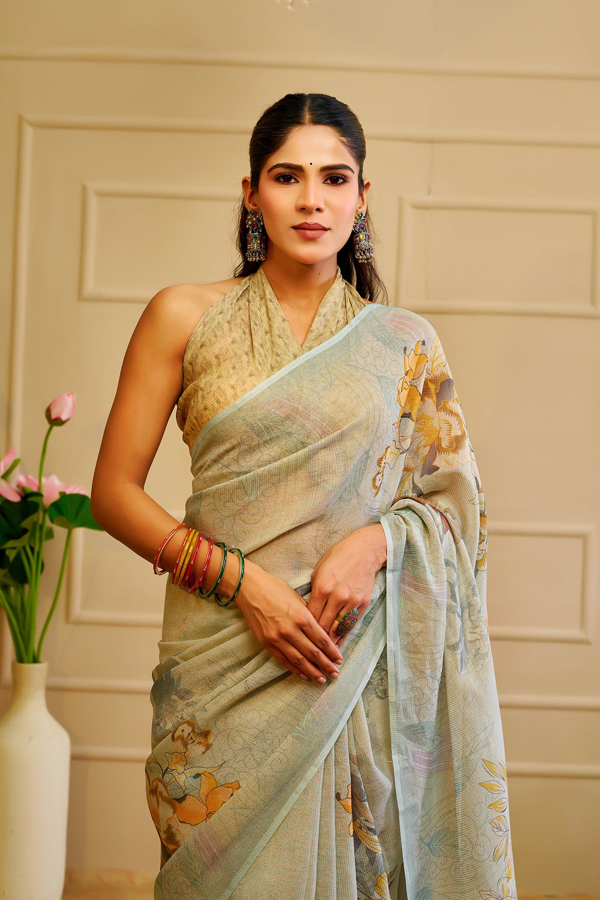 Sky Blue Tissue Cotton Saree with Floral Print & Zari Weave for Women