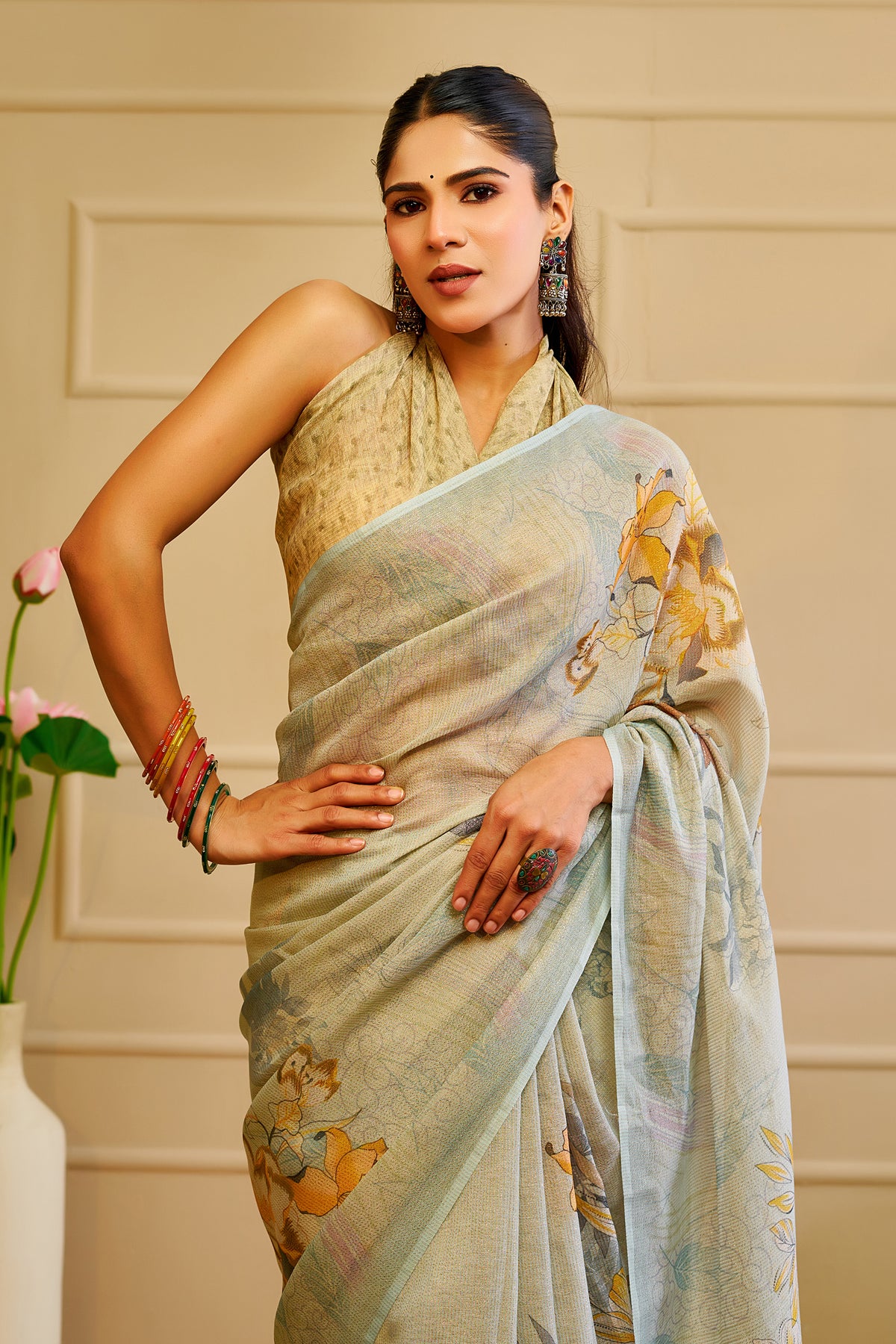 Sky Blue Tissue Cotton Saree with Floral Print & Zari Weave for Women