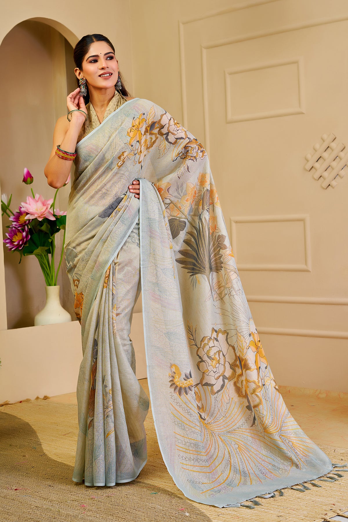 Sky Blue Tissue Cotton Saree with Floral Print & Zari Weave for Women