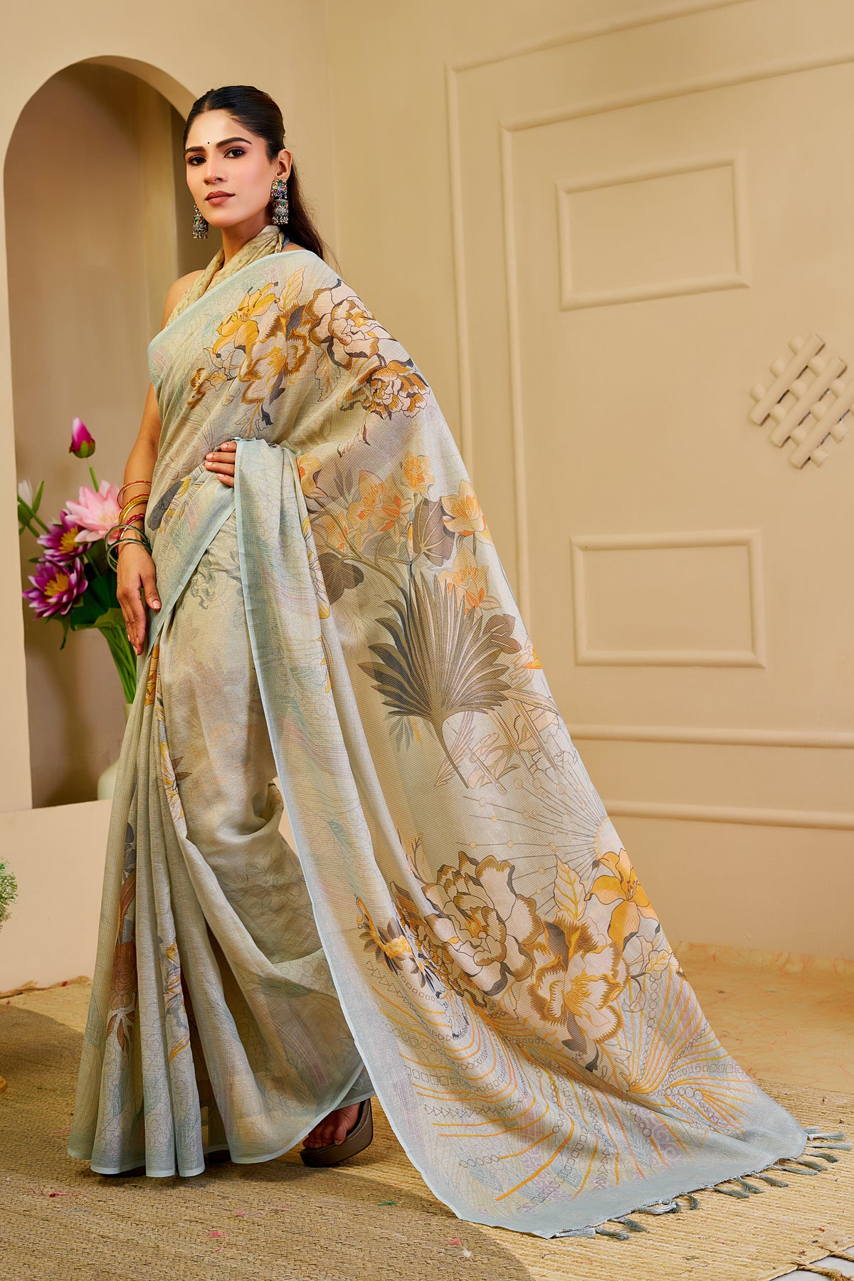 Sky Blue Tissue Cotton Saree with Floral Print & Zari Weave for Women