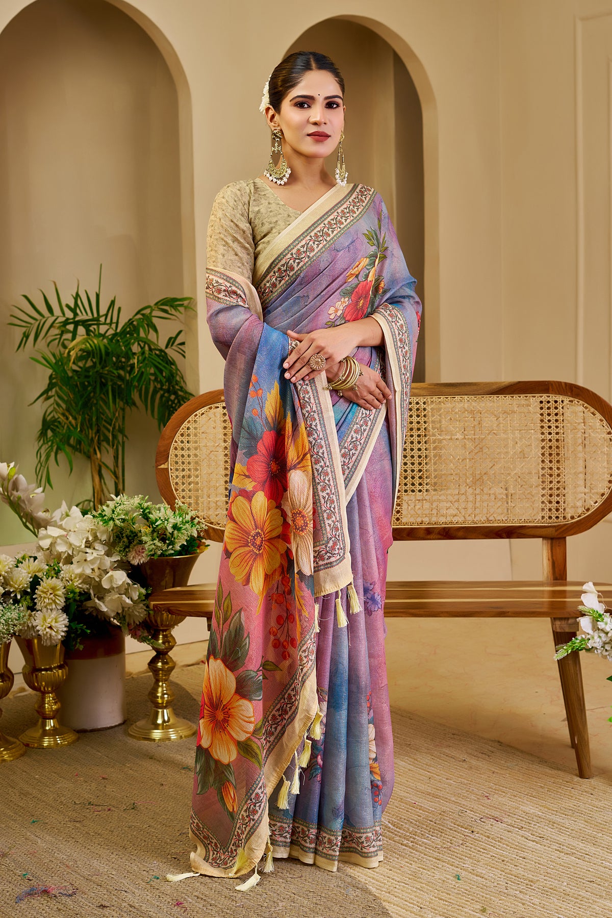 Lavender Tissue Handloom Cotton Saree with Floral Zari Work for Women