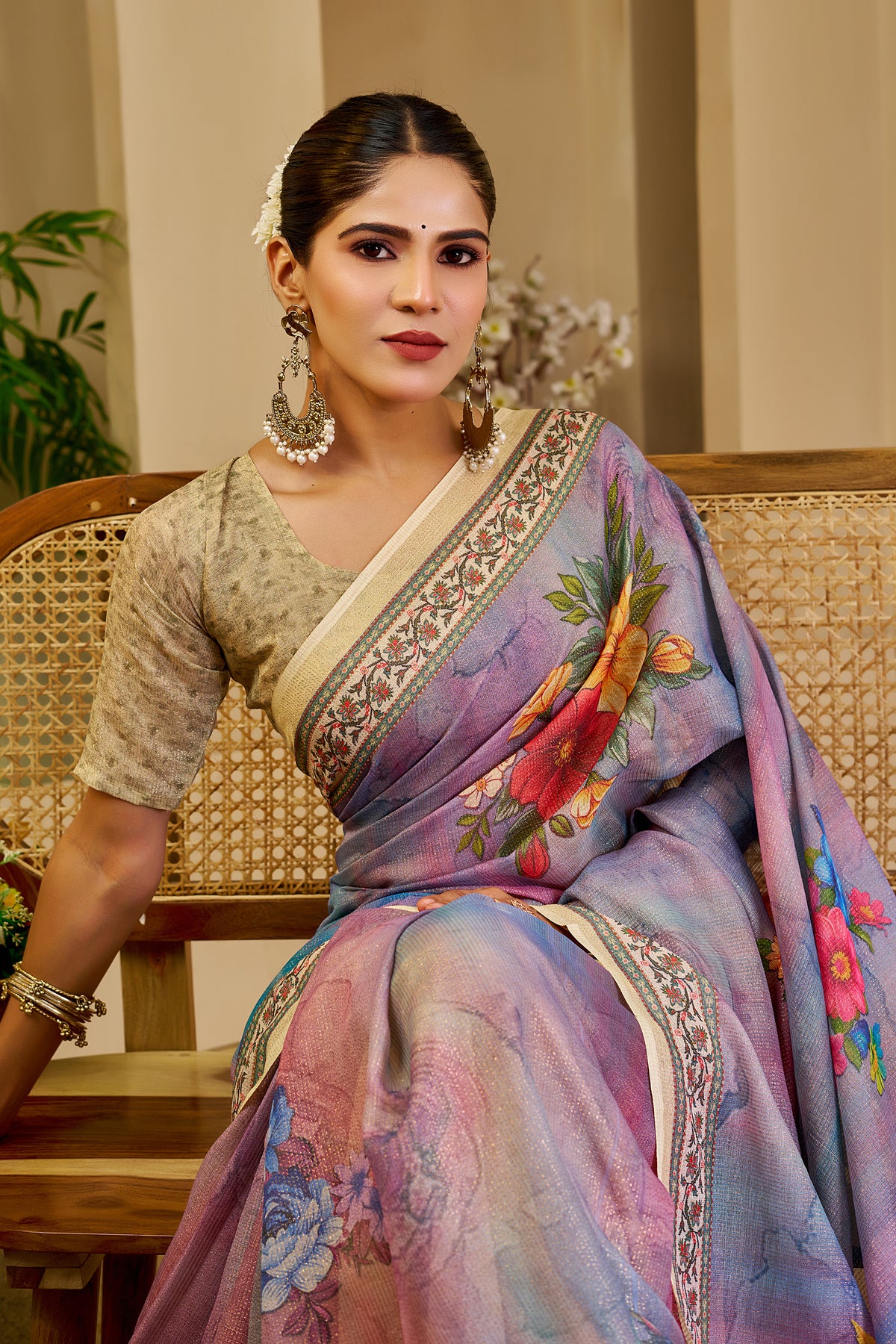 Lavender Tissue Handloom Cotton Saree with Floral Zari Work for Women
