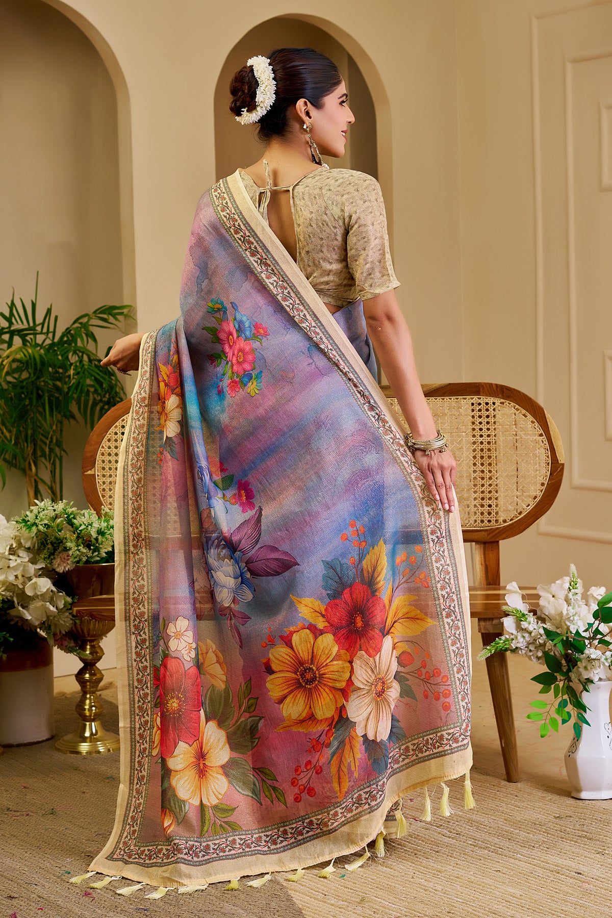 Lavender Tissue Handloom Cotton Saree with Floral Zari Work for Women